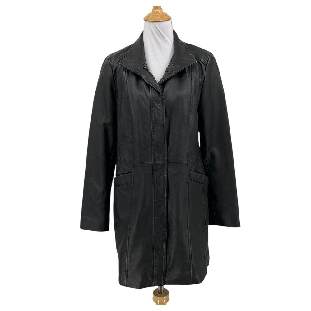 Cole Haan Coat Womens M Medium Black Lambskin Leather Full Zip Snap Lined Jacket